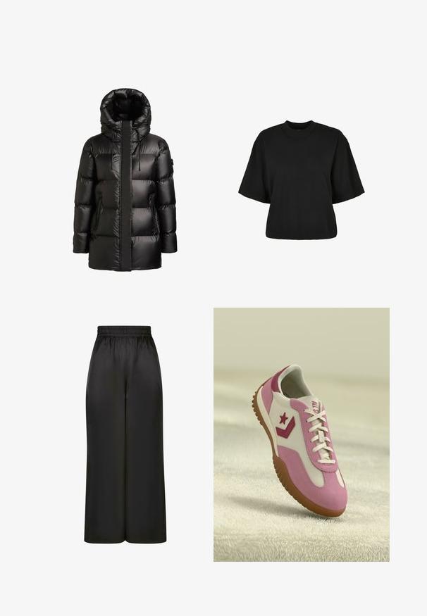 Black puffer coat with a high collar and hood. Features a glossy finish, stitched paneling, and two zippered side pockets.; Black cropped t-shirt made of cotton. Features short sleeves and a round neckline. Smooth texture with a simple design, no additional patterns.; Black wide-leg pants made of smooth, shiny fabric with an elastic waistband and no visible pockets or hardware details.; Pink and white sneaker with rubber, textured sole. Features a star logo and contrasting accents. Smooth upper with lace detailing.