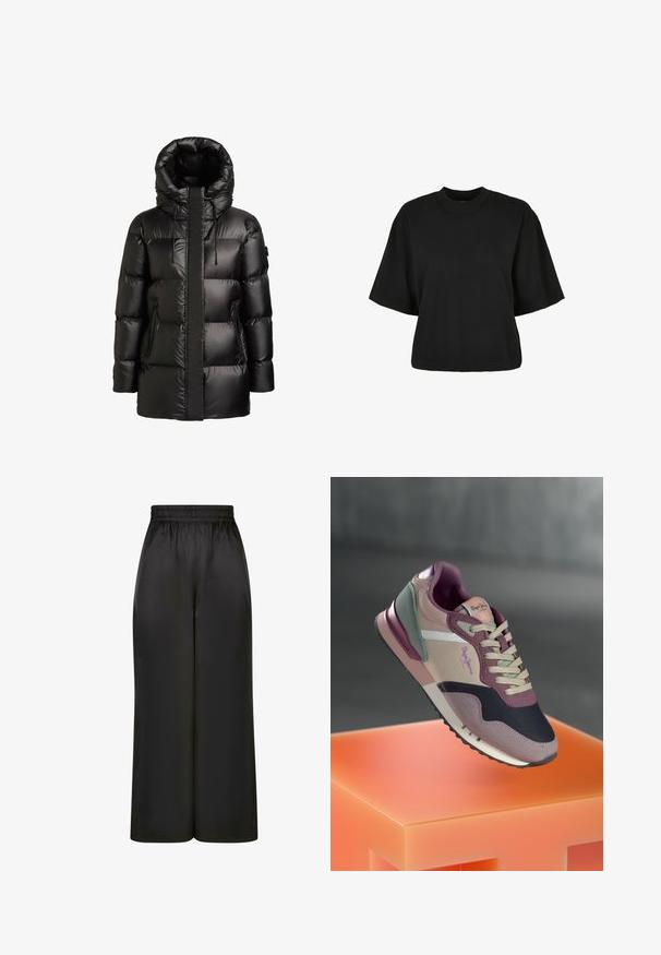 Geacă matlasată neagră cu guler înalt și glugă. Prezintă un finisaj lucios, aspect cu panouri cusute și două buzunare laterale cu fermoar.; Tricou scurt, negru, din bumbac. Are mâneci scurte și un decolteu rotund. Textură netedă cu un design simplu, fără modele adiționale.; Pantaloni negri cu picioare largi, fabricați dintr-un material neted și lucios, cu un elastic la talie și fără buzunare vizibile sau detalii metalice.; Tenis cu un amestec de nuanțe de mov, roz și bleumarin; materiale din țesătură și piele; design stratificat; logo proeminent și accente texturate.