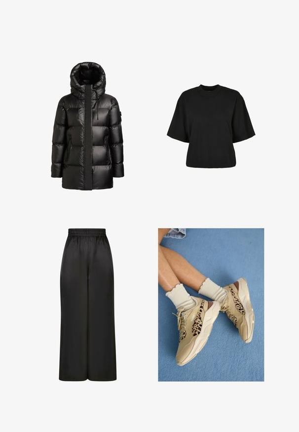 Černý prošívaný kabát s vysokým límcem a kapucí. Má lesklý povrch, prošité panely a dvě kapsy na bocích se zipem.; Černé zkrácené tričko vyrobené z bavlny. Má krátké rukávy a kulatý výstřih. Hladký povrch s jednoduchým designem, bez dalších vzorů.; Černé široké kalhoty vyrobené z hladké, lesklé látky, s elastickým pasem bez viditelných kapes nebo kovových detailů.; Nohy překřížené, obuté v béžových teniskách Puma s leopardím vzorem pruhů a krémových ponožkách s volánky na modrém koberci.