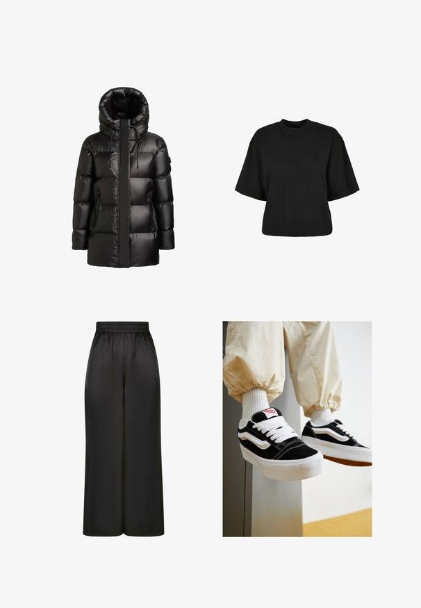 Svart vadderad jacka med hög krage och huva. Har en blank yta, sömmar i paneler och två fickor med dragkedja på sidorna.; Svart cropped t-shirt i bomull. Har korta ärmar och rund halsringning. Slät yta med en enkel design, utan ytterligare mönster.; Svarta vida byxor i slät, glänsande tyg med resårmidja och utan synliga fickor eller hårdvarudetaljer.; Svarta och vita mockaskor med platta vita snören, texturerade gummisålar och sidostripesdesign. Bärs med krämfärgade avsmalnande byxor.
