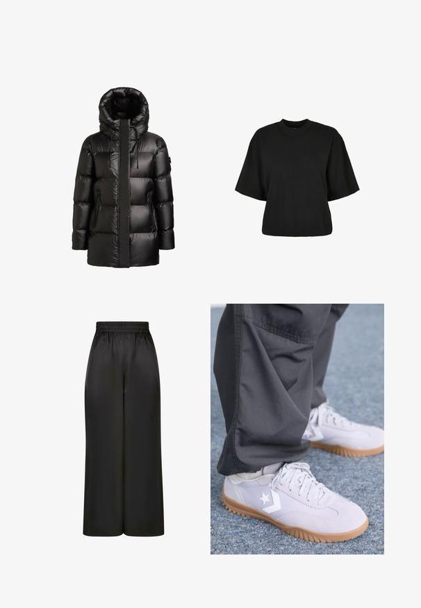 Schwarzer Steppmantel mit hohem Kragen und Kapuze. Er verfügt über ein glänzendes Finish, gestepptes Design und zwei seitliche Reißverschlusstaschen.; Schwarzes, kurz geschnittenes T-Shirt aus Baumwolle. Hat kurze Ärmel und einen runden Halsausschnitt. Glatte Textur mit einem schlichten Design, ohne zusätzliche Muster.; Schwarze, weit geschnittene Hosen aus glattem, glänzendem Stoff mit elastischem Bund und ohne sichtbare Taschen oder Metallteile.; Helle graue Wildledersneaker mit einer Gummisohle, die ein weißes Sternlogo und dezente Nähte aufweist, kombiniert mit dunkler Hose.
