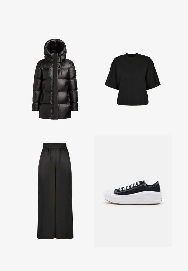 Melna pūdera jaka ar augstu apkakli un kapuci. Raksturo glancēta virsma, šūtas paneļu detaļas un divas sānu kabatas ar rāvējslēdzēju.; Melnas īsā piegriezuma T-kreklis no kokvilnas. Tam ir īsas piedurknes un apaļa izgriezne. Gluda tekstūra ar vienkāršu dizainu, bez papildu rakstiem.; Melni plaši bikses, izgatavotas no gludas, spīdīgas auduma, ar elastīgu jostu un bez redzamām kabatām vai aparatūras detaļām.; Melni kanvas sporta apavi ar baltām šņorēm, baltu gumijas purngalu un masīvu baltu zoli. Iezīmējas ar smalku baltu šuvumu un gumiju zoli.