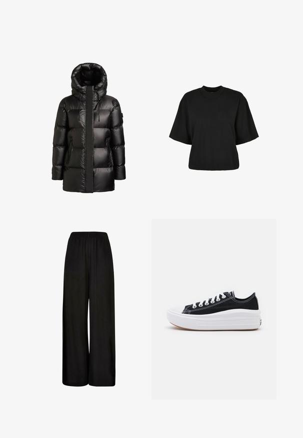 Czarna puchowa kurtka z wysokim kołnierzem i kapturem. Posiada błyszczące wykończenie, pikowane panele oraz dwie zapinane na zamek boczne kieszenie.; Czarny krótki t-shirt wykonany z bawełny. Posiada krótkie rękawy i okrągły dekolt. Gładka tekstura z prostym wzornictwem, bez dodatkowych wzorów.; Czarne spodnie w stylu szerokich nogawek wykonane z gładkiego materiału. Posiadają elastyczny pas w talii oraz luźny, swobodny krój zapewniający komfort i swobodę ruchów.; Czarne płócienne tenisówki z białymi sznurowadłami, białą gumową czapeczką na palcach i masywną białą podeszwą. Mają subtelne białe przeszycia i gumową podeszwę.