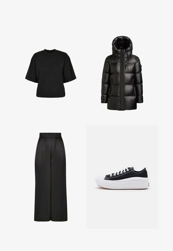 Fekete pufikabát magas gallérral és kapucnival. Fényes felülettel, varrott panelezéssel és két cipzáras oldalzsebbel rendelkezik.; Fekete, rövid ujjú, pamut crop póló. Kerek nyakkivágással rendelkezik. Simára készült textúrája van, egyszerű dizájn, nincs rajta további minta.; Fekete, bő szárú nadrág, sima, fényes anyagból, rugalmas derékrésszel, látható zsebek vagy fém részletek nélkül.; Fekete vászon sportcipők fehér fűzővel, fehér gumi orral és vastag fehér középtalppal. Finom fehér varrással és gumi talppal rendelkezik.