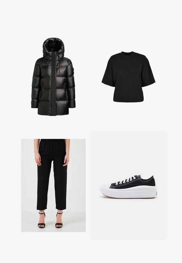 Sort dunjakke med høj krave og hætte. Har en blank finish, syninger i paneler og to lynlåslommer i siderne.; Sort cropped t-shirt lavet af bomuld. Har korte ærmer og rund halsudskæring. Glat tekstur med et enkelt design, ingen ekstra mønstre.; Sorte linnedbukser med elastisk talje, lige skæring og ankellængde, parret med sorte højhælede sandaler med stropper.; Sorte kanvas sneakers med hvide snørebånd, hvid gummitåhætte og en kraftig hvid mellemsål. Har diskret hvid syning og en gummisål.