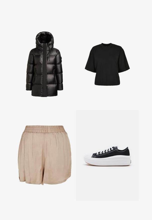 Black puffer coat with a high collar and hood. Features a glossy finish, stitched paneling, and two zippered side pockets.; Black cropped t-shirt made of cotton. Features short sleeves and a round neckline. Smooth texture with a simple design, no additional patterns.; Beige, lightweight fabric shorts with an elastic waistband and a loose fit, featuring a smooth texture and curved hem.; Black canvas sneakers with white laces, white rubber toe cap, and a chunky white midsole. Features subtle white stitching and a gum sole.