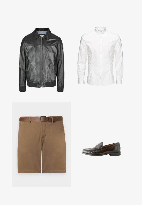 Černá kožená bunda s předním zipem, špičatým límečkem a žebrovanými manžetami. Obsahuje dvě boční kapsy a hladkou texturu.; Bílá košile s dlouhým rukávem a knoflíkovým zapínáním vyrobená z hladké látky. Má klasický límeček, přední knoflíky a manžety na jeden knoflík. Úzký střih.; Hnědé bavlněné šortky s texturovaným povrchem, zakončené hnědým koženým páskem se stříbrnou sponou a klasickým rovný střihem.; Hnědé kožené mokasíny s hladkým povrchem, šitím, nízkým podpatkem a zaoblenou špičkou. Podešev je z černé gumy pro lepší trakci.