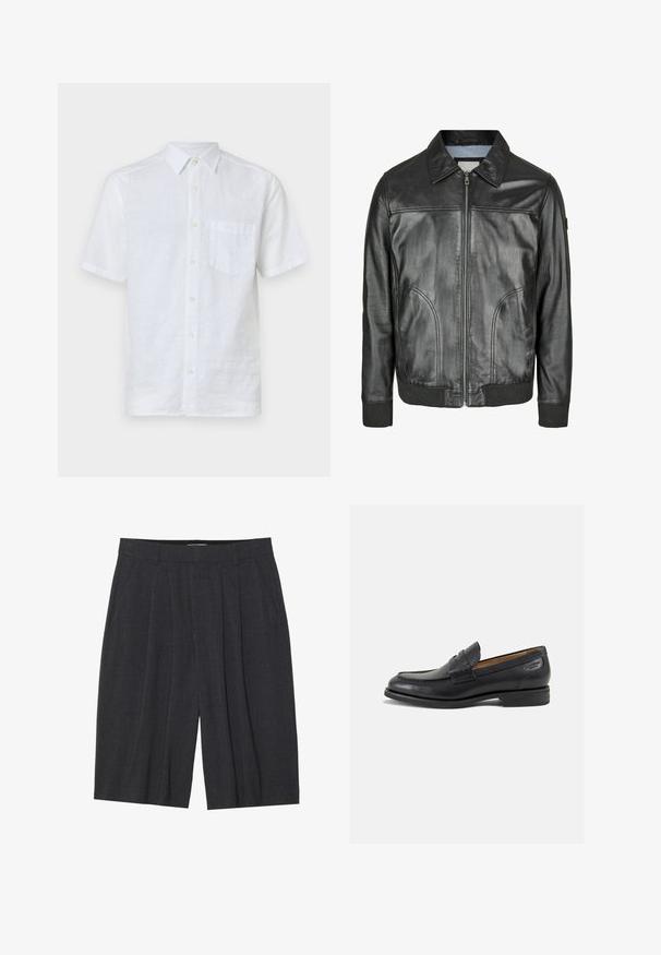 Giacca in pelle nera con zip frontale, colletto a punta e polsini a costine. Presenta due tasche laterali e una texture liscia.; Camicetta bianca a maniche corte realizzata in lino leggero. Presenta un colletto classico, chiusura con bottoni e una tasca sul petto. Tessuto morbido.; Tre canottiere in bianco, grigio e nero. Ognuna presenta un classico design senza maniche, realizzata in leggero cotone con una texture a costine.; Pantaloni corti plissettati di colore grigio scuro realizzati in tessuto testurizzato, dotati di una cintura e di un taglio dritto, senza tasche o dettagli visibili.; Mocassini in pelle nera con finitura liscia, punta arrotondata e cuciture decorative sulla tomaia. Tacco basso impilato e leggero lucido.
