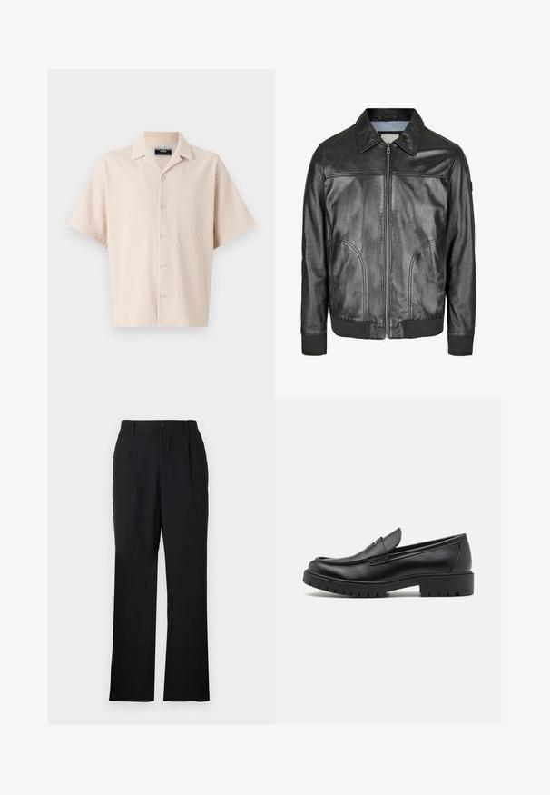 Juodas odinis švarkas su užtrauktuku priekyje, smailiu apykakle ir raukšlėtais rankogaliais. Yra dvi šoniniai kišeniai ir lygi tekstūra.; Šviesiai ruda trumpomis rankovėmis marškinėliai su apykaklės iškirpte, su vertikaliomis juostelėmis, mygtukų užsegimu ir laisvu siluetu. Lygus paviršius.; Trys marškiniai be rankovių baltos, pilkos ir juodos spalvų. Kiekvienas iš jų turi klasikinį dizainą, pagamintas iš lengvos medvilnės audinio su raštuotu paviršiumi.; Only & Sons ONSJEREMY LOOSE PANT - Kelnės - black; Juodos odinės loferių suapvalintu nosimi, lengvai užmaunamu dizainu ir storu guminiu padu, turinčiu tekstūruotą sukibimą. Pakeltas kulnas ir subtilios siuvimo detalės.