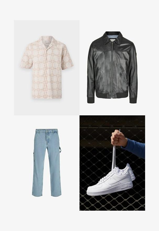 Zwarte leren jas met een ritssluiting aan de voorkant, een puntige kraag en geribde manchetten. Beschikt over twee zijzakken en een gladde textuur.; Korte mouwen shirt in lichtbeige met een bloemig geometrisch patroon in crème. Kenmerkt zich door een puntkraag en een relaxte pasvorm.; Drie tanktops in wit, grijs en zwart. Elke tanktop heeft een klassiek mouwloos ontwerp, gemaakt van lichtgewicht katoen met een ribbelstructuur.; Lichtblauwe denim cargo pants met een ontspannen pasvorm, voorzien van zijbevestigingslussen en voorzakken, met een vervaagde textuur.; Witte leren sneakers met perforaties, ronde neus, vlakke zool en dikke veters, met een zichtbare swoosh-logo en "AIR" op de hiel.