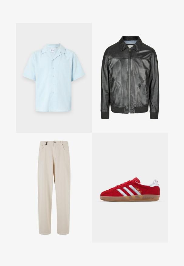 Giacca in pelle nera con zip frontale, colletto a punta e polsini a costine. Presenta due tasche laterali e una texture liscia.; Camicetta a maniche corte in tessuto blu chiaro, con colletto a punte e una texture morbida con un motivo sottile, sei bottoni sul davanti.; Tre canottiere in bianco, grigio e nero. Ognuna presenta un classico design senza maniche, realizzata in leggero cotone con una texture a costine.; Pantaloni in cotone beige con design a gamba dritta, dotati di tasche anteriori e chiusura a bottone. Texture liscia con dettagli minimi.; Sneaker in suede rosso con design a tre strisce bianche e testo "Gazelle" in oro. Presenta una suola in gomma color cuoio e un tallone testurizzato.