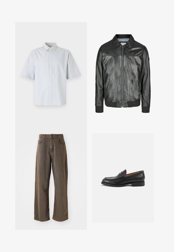 Czarna skórzana kurtka z zamkiem z przodu, spiczastym kołnierzem i ściągaczami u rękawów. Posiada dwie boczne kieszenie i gładką teksturę.; Jasnoniebieska krótka koszula zapinana na guziki, wykonana z bawełny, z klasycznym kołnierzykiem, przednim zapięciem na guziki oraz luźnym krojem.; Trzy topy na ramiączkach w kolorze białym, szarym i czarnym. Każdy z nich ma klasyczny bezrękawnikowy fason, wykonany z lekkiej bawełnianej tkaniny z prążkowaną teksturą.; Szerokie, brązowe dżinsy z zapięciem na guzik, szlufkami na pasek i kieszeniami z przodu. Tkanina ma lekko wyblakłą fakturę.; Czarne skórzane mokasyny o gładkim wykończeniu, zaokrąglonym nosku i dekoracyjnym przeszyciu na cholewce. Niski, warstwowy obcas i delikatny połysk.