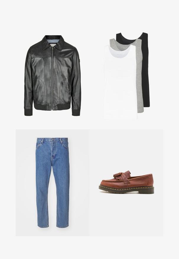 Schwarze Lederjacke mit Reißverschluss vorne, spitzem Kragen und gerippten Ärmeln. Verfügt über zwei seitliche Taschen und eine glatte Textur.; Drei Tanktops in Weiß, Grau und Schwarz. Jedes hat ein klassisches ärmelloses Design und besteht aus leichtem Baumwollstoff mit einer Rippstruktur.; Blaue Jeans aus Denim mit geradem Bein, ausgestattet mit einem Reißverschluss, fünf Taschen und dezenten Waschungen. Klassischer mittlerer Bund.; Braune Leder-Mokassins mit Quastenakzenten, strukturierten Oberflächen und kontrastierenden gelben Nähten entlang der schwarzen Gummisohle. Seitenansicht.