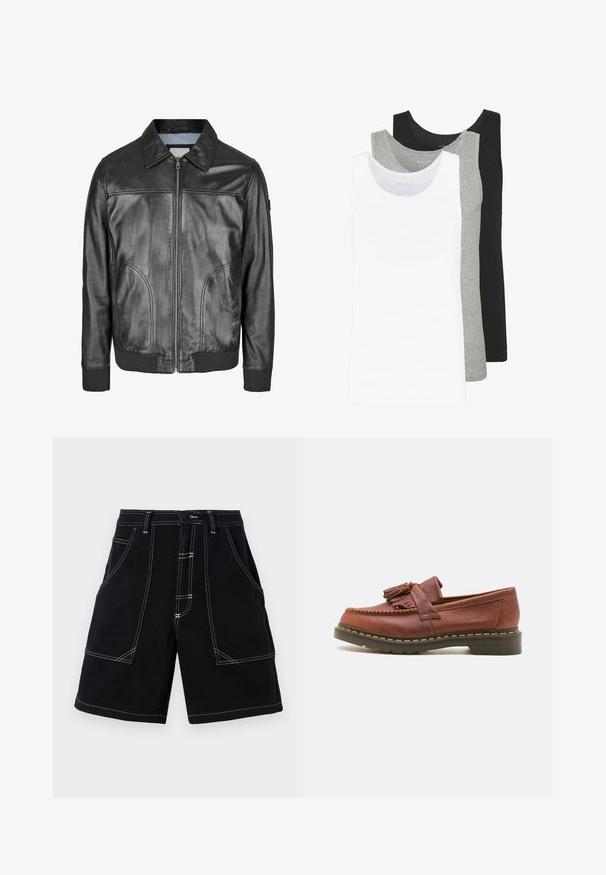 Črna usnjena jakna z zadrgo spredaj, s koničastim ovratnikom in rebrastimi manšeti. Ima dva stranska žepa in gladko teksturo.; Tri majice brez rokavov v bežni, sivi in črni barvi. Vsaka je značilna po klasičnem brezrokavem dizajnu, izdelana iz lahkega bombažnega materiala z rebrasto teksturo.; Črne cargo kratke hlače z belim kontrastnim šivanjem, več žepi in naravnim krojem. Narejene iz trpežnega blaga z gladko teksturo.; Rjavi usnjeni mokasin s dodatki v obliki resic, teksturirana površina in kontrastne rumene šive ob črnem gumenem podplatu. Stranska perspektiva.