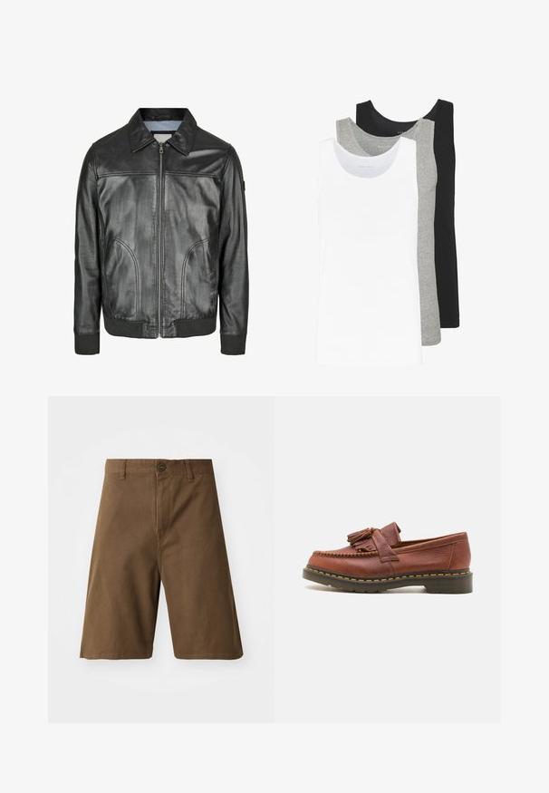 Črna usnjena jakna z zadrgo spredaj, s koničastim ovratnikom in rebrastimi manšeti. Ima dva stranska žepa in gladko teksturo.; Tri majice brez rokavov v bežni, sivi in črni barvi. Vsaka je značilna po klasičnem brezrokavem dizajnu, izdelana iz lahkega bombažnega materiala z rebrasto teksturo.; Rjave bombažne kratke hlače s ravnim krojem, z zapiranjem na gumb spredaj, z zankami za pas in stranskimi žepi. Gladka tekstura in čiste šive.; Rjavi usnjeni mokasin s dodatki v obliki resic, teksturirana površina in kontrastne rumene šive ob črnem gumenem podplatu. Stranska perspektiva.