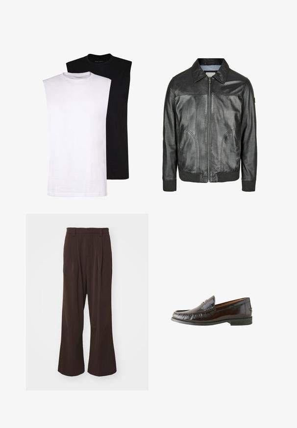 Czarna skórzana kurtka z zamkiem z przodu, spiczastym kołnierzem i ściągaczami u rękawów. Posiada dwie boczne kieszenie i gładką teksturę.; Białe i czarne bezrękawniki z bawełny z okrągłym dekoltem, gładką teksturą i minimalistycznym designem. Odpowiednie do różnych codziennych stylizacji.; Brązowe spodnie szerokie nogawki z wysokim stanem, z fałdami z przodu i pętelkami na pasek, wykonane z gładkiego, lekkiego materiału.; Brązowe skórzane mokasyny o gładkim wykończeniu, z przeszyciami, niskim obcasem i okrągłym noskiem. Podeszwa jest czarna z gumy dla lepszej przyczepności.