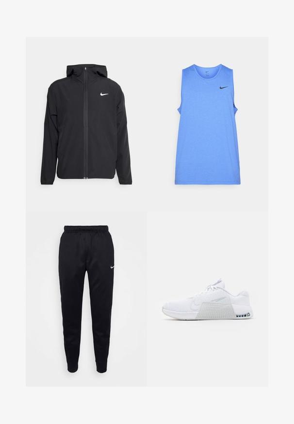 Musta Nike-takki, jossa on huppu, täysimittainen vetoketju edessä ja hienovarainen valkoinen logo vasemmassa rinnassa. Liukas pinta ja kevyt muotoilu.; Mustat Nike-housut, joissa on joustava vyötärö, kapenevat lahkeet ja hienovarainen logoakseli. Valmistettu sileästä kankaasta yksinkertaisella muotoilulla.; Vaaleansininen ilman hihoja oleva urheiluvaate, joka on valmistettu sileästä kankaasta. Siinä on pyöreä pääntie ja musta Nike-logo vasemmassa yläkulmassa.; Valkoinen urheilukenkä, jossa on verkkomainen päällinen, tukeva kantapää, harmaa teksturoitu yksityiskohta sivulla ja näkyvä ilmapehmustus pohjassa.