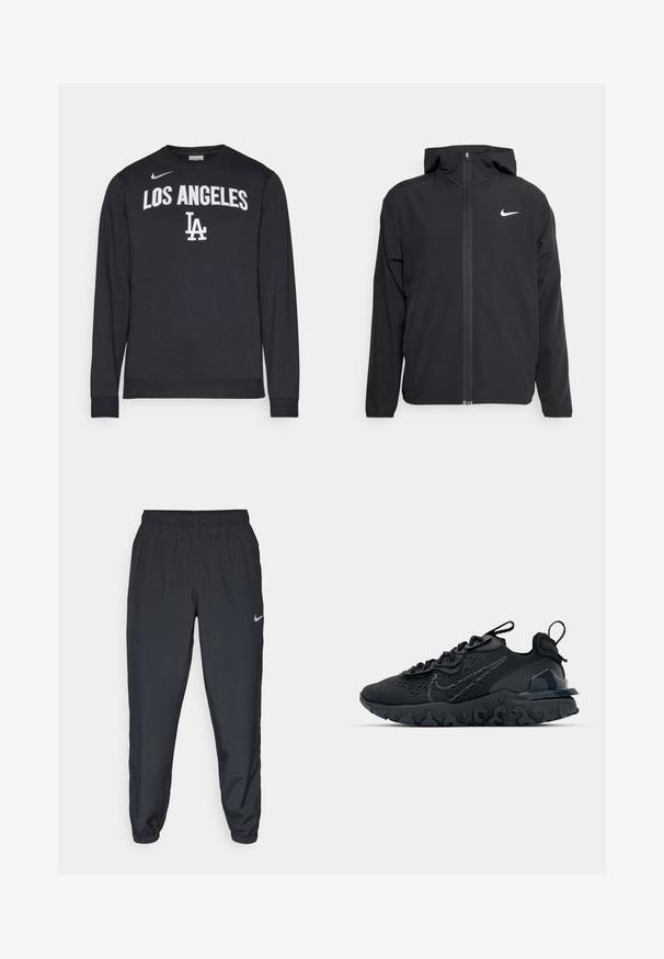 Black Nike jacket featuring a hood, full front zipper, and a subtle white logo on the left chest. Smooth texture and lightweight design.; Black long-sleeve sweatshirt made of cotton blend, featuring "LOS ANGELES" and "LA" in white lettering. Ribbed cuffs and hem. Nike logo on shoulder.; Black track pants made from lightweight fabric with an elastic waistband, ankle cuffs, and a discreet Nike logo on the left side.; Black athletic shoe with a breathable mesh upper, textured accents, and a wavy rubber sole. Features reflective logo and lacing system.