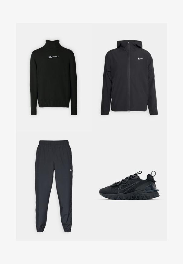 Svart Nike-jacka med huva, fullständig dragkedja fram och en subtil vit logotyp på vänster bröst. Slät textur och lättvikt design.; Karl Lagerfeld Jeans ROLLNECK - Stickad tröja - black; Svarta träningbyxor i lätt tyg med elastisk midja, vristmanchetter och en diskret Nike-logotyp på vänster sida.; Svart idrottssko med ett andningsbart meshöverdrag, texturerade accenter och en vågig gummisula. Utrustad med reflekterande logotyp och snörsystem.