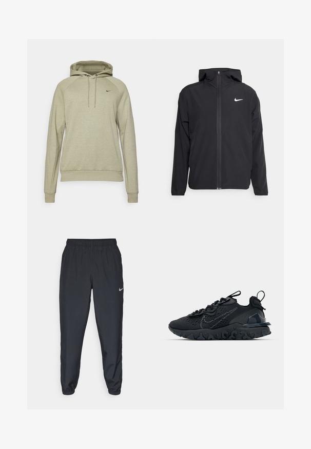 Schwarze Nike-Jacke mit Kapuze, vollem Reißverschluss vorne und einem dezenten weißen Logo auf der linken Brust. Glatte Textur und leichtes Design.; Helle olivgrüne Kapuzenjacke aus Baumwollmischung, mit einer Kordelzugkapuze, langen Raglanärmeln, gerippten Bündchen und Saum sowie einem kleinen schwarzen Logo.; Schwarze Trainingshose aus einem leichten Stoff mit elastischem Bund, Knöchelabschlüssen und einem dezenten Nike-Logo auf der linken Seite.; Schwarzer Sportschuh mit atmungsaktivem Mesh-Obermaterial, strukturierten Akzenten und einer wellenförmigen Gummisohle. Verfügt über ein reflektierendes Logo und ein Schnürsystem.