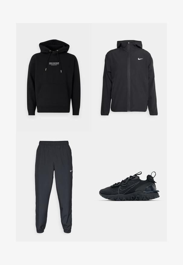 Giacca Nike nera con cappuccio, chiusura frontale con zip e un logo bianco discreto sul lato sinistro del petto. Texture liscia e design leggero.; Felpa nera con cappuccio realizzata in tessuto misto cotone. Presenta una tasca a marsupio frontale, cappuccio regolabile con cordino e logo bianco stampato sul petto. Vestibilità standard.; Pantaloni da jogging neri realizzati in tessuto leggero con cintura elastica, polsini alla caviglia e un logo Nike discreto sul lato sinistro.; Scarpa sportiva nera con tomaia in mesh traspirante, dettagli testurizzati e suola in gomma ondulata. Presenta un logo riflettente e un sistema di allacciatura.