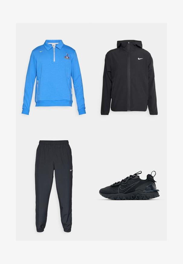 Juodas Nike džemperis su gobtuvu, pilnu priekinio užtrauktuko uždarymu ir subtilia balta logo ant kairiojo krūtinės. Lygus paviršius ir lengvas dizainas.; Mėlynas megztinis su užtrauktuku, pagamintas iš minkštos medžiagos, su užtrauktuko apykakle, išsiuvinėtu logotipu ant krūtinės ir šoninėmis kišenėmis su užtrauktuku.; Juodos sportinės kelnės iš lengvos medžiagos su elastinga juosta, kulkšnies rankovėmis ir diskretišku Nike logotipu kairėje pusėje.; Juoda sportinė avalynė su kvėpuojančiu tinkliniu viršumi, tekstūruotais akcentais ir banguota guma padais. Yra atspindintis logotipas ir raištelių sistema.
