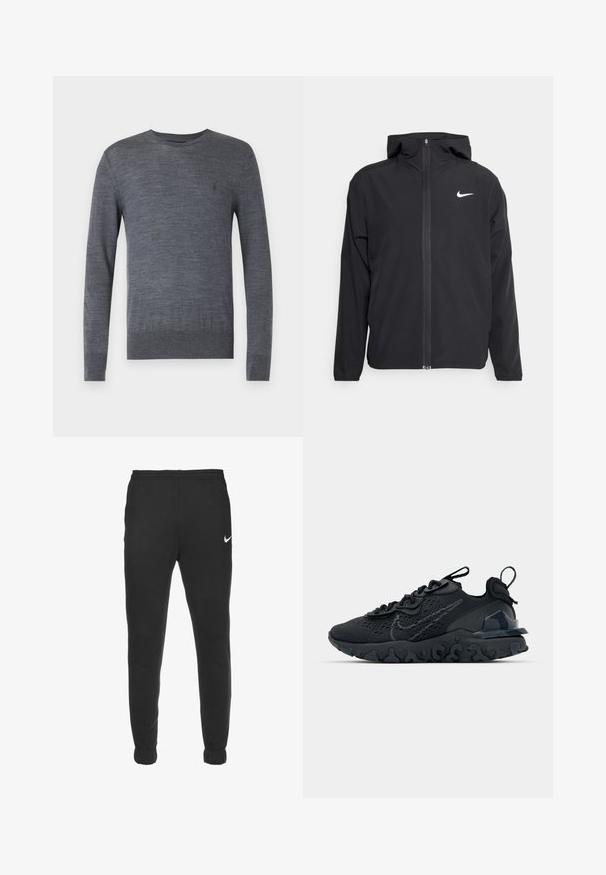 Zwarte Nike-jas met capuchon, volledige ritssluiting en een subtiele witte logo op de linkerborst. Gladde textuur en lichtgewicht ontwerp.; AllSaints MODE CREW - Trui - smith blue; Zwarte joggingsbroek van zacht materiaal met een elastische tailleband en boorden. Heeft een klein wit Nike-logo aan de bovenlinkerzijde.; Zwarte sportieve schoen met een ademende bovenkant van mesh, gestructureerde accenten en een golvende rubberen zool. Heeft een reflecterende logo en vetersysteem.