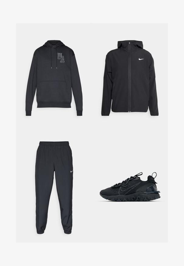 Must musta musta, täis esifrontne lukuga ja diskreetne valge logo vasakul rinnal. Sile tekstuur ja kergkaaluline disain.; Mustamütsiga sviiter, millel on eesmine tasku, tekstuuriga "UA" logo rinnal ja nöörid kaelas. Pehme kangas.; Kerged mustad spordipüksid, mis on valmistatud kerge kangaga, elastse vöökoha, pahkluude mansettide ja diskreetse Nike logo abil vasakul külgedel.; Must mustreesne tossudega, millel on hingav võrkmaterjalist pealis, tekstureeritud detailid ja laineline kummist tallaosa. Omab peegelduvat logo ja sidumise süsteemi.