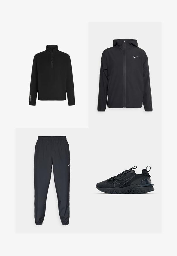 Fekete Nike dzseki kapucnival, teljes hosszúságú cipzárral és egy diszkrét fehér logóval a bal mellrészen. Sima textúra és könnyű kialakítás.; A fekete pulóver fleece negyedcipzárral, hosszú ujjakkal és a bal ujján elhelyezett Polartec logóval rendelkezik, amely biztosítja a szigetelést és a kényelmet.; Fekete sportnadrág könnyű anyagból, rugalmas derékkel és bokacsatokkal, a bal oldalon egy diszkrét Nike logóval.; Fekete sportcipő légáteresztő hálós felsőrésszel, texturált részletekkel és hullámos gumitalppal. Ráfókuszál a fényvisszaverő logóra és a fűzőrendszerre.