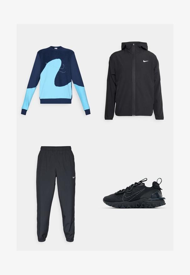 Svart Nike-jakke med hette, full frontglidelås og en subtil hvit logo på venstre bryst. Glatt tekstur og lett design.; Mørkeblå hettegenser med lyseblå abstrakt mønster; har rund hals og ribbestrikkede mansjetter. Materialet ser mykt og teksturert ut.; Svarte joggebukser laget av lett stoff med elastisk midje, ankelmanchetter og en diskret Nike-logo på venstre side.; Svart treningssko med et pustende nettobert overdel, teksturerte detaljer og en bølget gummisåle. Har reflekterende logo og snøresystem.