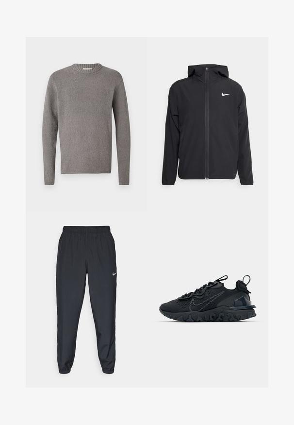 Musta Nike-takki, jossa on huppu, täysimittainen vetoketju edessä ja hienovarainen valkoinen logo vasemmassa rinnassa. Liukas pinta ja kevyt muotoilu.; DRYKORN LEANDO - Neule - grey; Mustat juoksuhousut, jotka on valmistettu kevyestä kankaasta, jossa on joustava vyötärö, nilkkasuut ja huomaamaton Nike-logo vasemmalla puolella.; Mustat urheilukengät, joissa on hengittävä verkkomateriaali, kuvioidut yksityiskohdat ja aallokkomuotoinen kumipohja. Varustettu heijastavalla logolla ja nauhajalustalla.