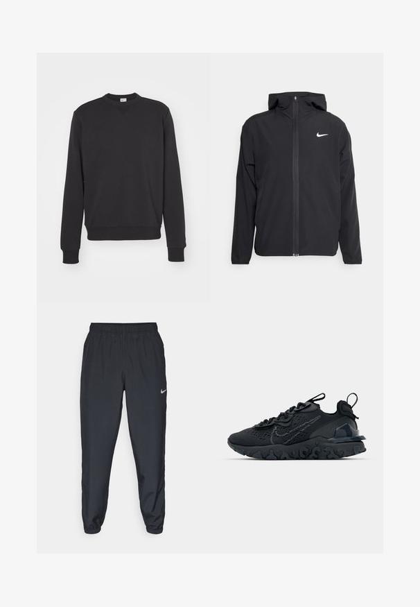 Sort Nike-jakke med hætte, fuld frontlynlås og et diskret hvidt logo på venstre bryst. Glat tekstur og letvægtsdesign.; Sort sweatshirt med lange ærmer, ribbede manchetter og kant samt designet med rund hals. Lavet af blødt, tekstureret stof med en minimalistisk stil.; Sorte træningsbukser lavet af letvægtsstof med elastisk talje, ankelsyninger og et diskret Nike-logo på venstre side.; Sort atletisk sko med en åndbar mesh-overdel, teksturerede detaljer og en bølget gummisål. Har reflekterende logo og snørresystem.