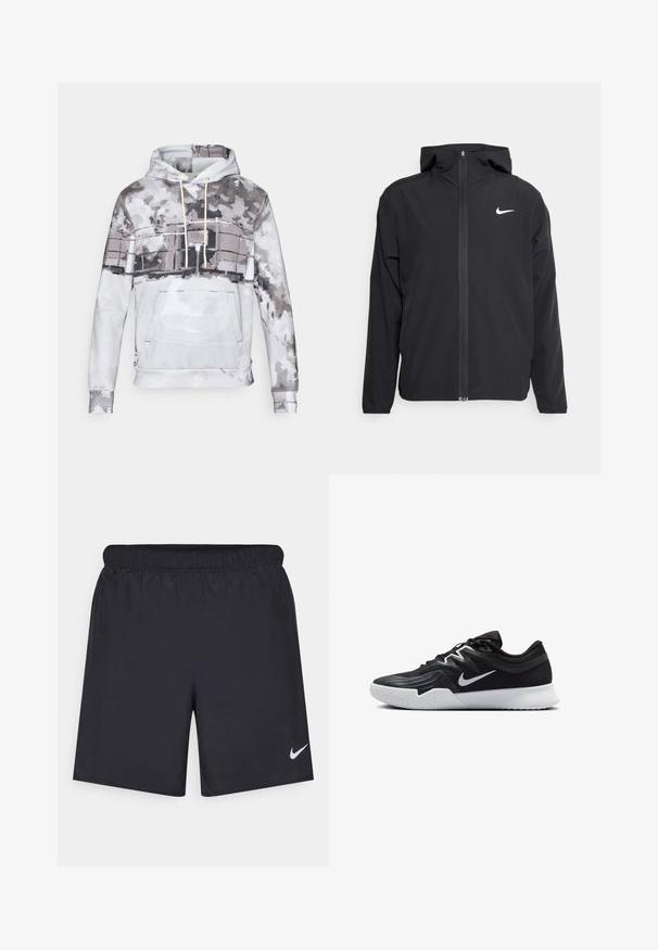 Melna Nike jakna ar kapuci, pilnu priekšējo rāvējslēdzēju un smalku baltu logotipu kreisajā krūtī. Gluda tekstūra un viegla konstrukcija.; Hooded krekls mīkstā audumā ar akvareļu rakstu pelēkās un baltās krāsās. Ietver priekšējo kabatu un auklu.; Melnas sporta šorti, izgatavoti no viegla materiāla, ar elastīgu jostu. Uz apakšējā kreisā stūra ir neliels balts Nike logo.; Melni sporta apavi ar teksturētu virsu, balto Nike zulumu un balto gumijas zoli. Iezīmējas ar auklu pievilkšanas dizainu un dinamisku formu.