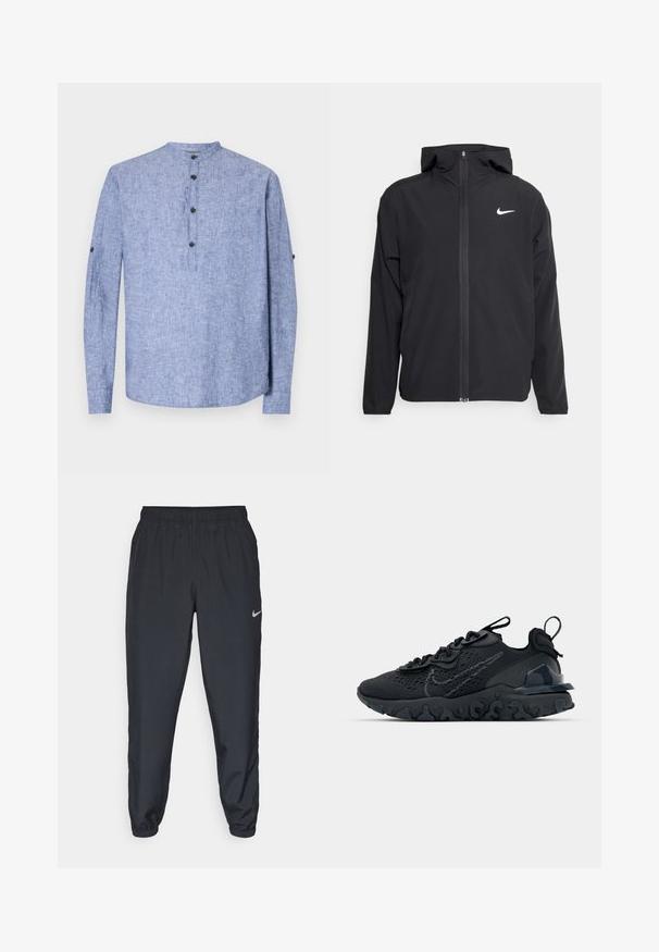 Juodas Nike džemperis su gobtuvu, pilnu priekinio užtrauktuko uždarymu ir subtilia balta logo ant kairiojo krūtinės. Lygus paviršius ir lengvas dizainas.; Šviesiai mėlyna ilgų rankovių marškinėlė su apvaliu kaklu, su trijų juodų mygtukų kišene ir mygtukais užsegamomis rankovėmis. Lygus audinio tekstūra.; Juodos sportinės kelnės iš lengvos medžiagos su elastinga juosta, kulkšnies rankovėmis ir diskretišku Nike logotipu kairėje pusėje.; Juoda sportinė avalynė su kvėpuojančiu tinkliniu viršumi, tekstūruotais akcentais ir banguota guma padais. Yra atspindintis logotipas ir raištelių sistema.