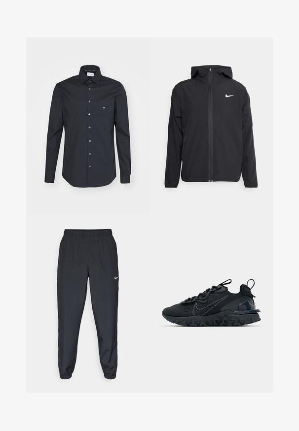 Zwarte Nike-jas met capuchon, volledige ritssluiting en een subtiele witte logo op de linkerborst. Gladde textuur en lichtgewicht ontwerp.; Zwarte lange mouwen overhemd met knopen, gemaakt van een gladde stof. Heeft een klassieke kraag, knopen aan de voorkant en een klein wit logo op de borst.; Zwarte trainingsbroek van lichtgewicht materiaal met een elastische tailleband, enkelmanchetten en een discreet Nike-logo aan de linkerkant.; Zwarte sportieve schoen met een ademende bovenkant van mesh, gestructureerde accenten en een golvende rubberen zool. Heeft een reflecterende logo en vetersysteem.