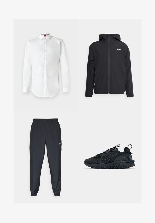 Schwarze Nike-Jacke mit Kapuze, vollem Reißverschluss vorne und einem dezenten weißen Logo auf der linken Brust. Glatte Textur und leichtes Design.; Weißes Hemd mit langen Ärmeln und Knopfleiste aus Baumwolle. Verfügt über einen klassischen Kragen, eine Frontknopfleiste und einen abgerundeten Saum. Einfaches und schlichtes Design.; Schwarze Trainingshose aus einem leichten Stoff mit elastischem Bund, Knöchelabschlüssen und einem dezenten Nike-Logo auf der linken Seite.; Schwarzer Sportschuh mit atmungsaktivem Mesh-Obermaterial, strukturierten Akzenten und einer wellenförmigen Gummisohle. Verfügt über ein reflektierendes Logo und ein Schnürsystem.