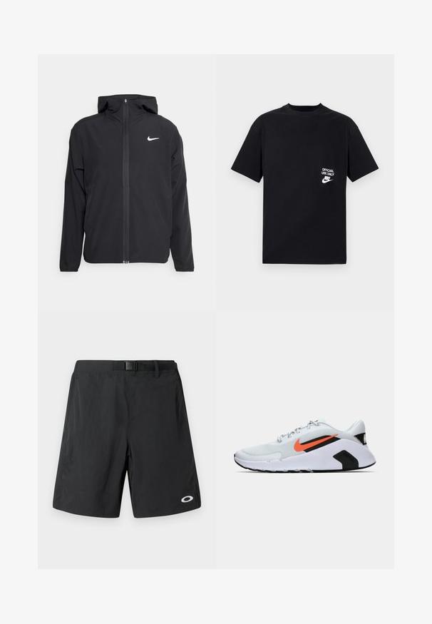 Black Nike jacket featuring a hood, full front zipper, and a subtle white logo on the left chest. Smooth texture and lightweight design.; Black cotton t-shirt with short sleeves, round neckline, featuring white text “OFFICIAL USE ONLY” and Nike logo on the left chest.; Black swim shorts with a smooth texture, featuring a waistband belt and a white logo on the bottom right. Mid-thigh length design.; White athletic shoe with textured mesh upper, featuring an orange Nike logo, black accents, and a cushioned sole with black and white details.
