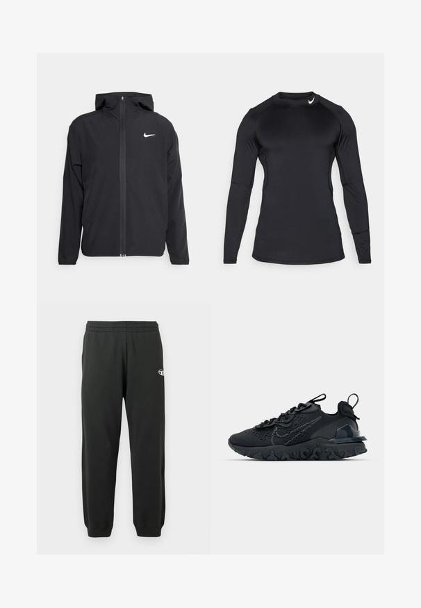 Černá bunda Nike s kapucí, plným předním zipem a decentním bílým logem na levé hrudi. Hladká textura a lehký design.; Černé sportovní tričko s dlouhým rukávem vyrobené z hladké, elastické tkaniny s kulatým výstřihem a diskrétním logem na levé horní části.; Černé tepláky vyrobené z měkké, elastické tkaniny s elastickým pasem a žebrovanými manžetami. Na stehně je malé logo.; Černá sportovní bota s prodyšným síťovaným svrškem, texturovanými akcenty a vlnkovou gumovou podrážkou. Obsahuje reflexní logo a systém šněrování.
