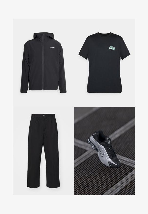 Black Nike jacket featuring a hood, full front zipper, and a subtle white logo on the left chest. Smooth texture and lightweight design.; Black cotton t-shirt with short sleeves and a crew neck, featuring a light blue "Just Do It" logo on the upper left chest.; Black cotton trousers with a straight fit, featuring a button closure, two front pockets, and a smooth texture.; Nike athletic shoe featuring a black and silver design. Made of synthetic material with mesh accents and a supportive sole with visible air cushioning.