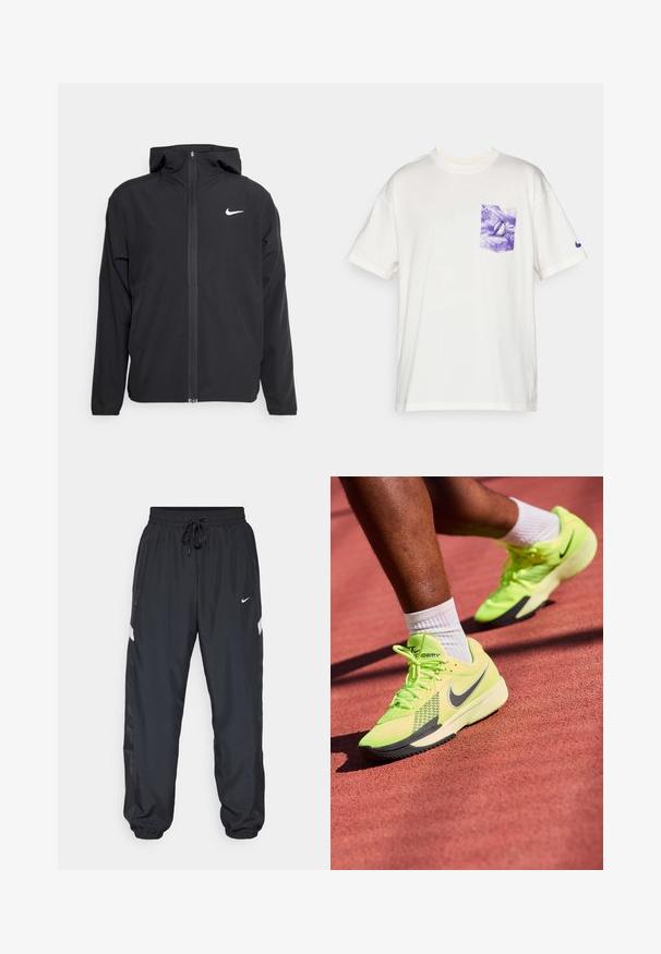 Črna Nike jakna z oblogo, polnim zadrgo in diskretnim belim logotipom na levi strani prsnega koša. Gladka tekstura in lahka zasnova.; Bela bomba majica s kratkimi rokavi, ki ima purpurno barvno špiko na žepu in majhno purpurno logo na rokavu.; Črne športne hlače z elastičnim pasom, nastavljivo vrvico, stranskimi žepi in kontrastnimi belimi črtami ob straneh.; Neon rumeni športni čevlji Nike z teksturirano mrežasto zgornjšo plastjo, črnimi detajli in debelim belim podplatom, postavljeni na rdeči tekaški površini.