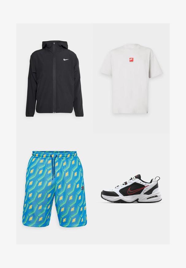 Veste Nike noire avec capuche, fermeture éclair sur toute la longueur à l'avant et un logo blanc discret sur la poitrine gauche. Texture lisse et design léger.; T-shirt en coton blanc avec col rond, présentant un logo Nike Air rouge sur la poitrine et une étiquette discrète sur le côté. Manches courtes, coupe décontractée.; Shorts de bain bleus avec un motif géométrique en vert et jaune, dotés d'une taille élastique, d'un cordon de serrage et d'un petit patch avec logo.; Chaussure de sport blanche et noire avec des accents rouges, en matériau synthétique et en maille, à bout arrondi, semelle épaisse et marque bien visible sur le côté.