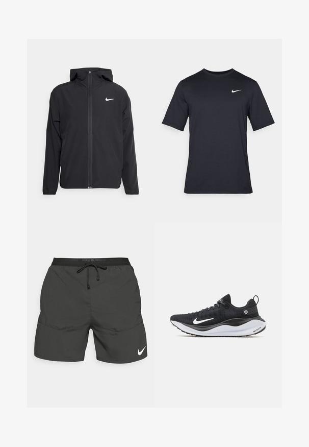 Black Nike jacket featuring a hood, full front zipper, and a subtle white logo on the left chest. Smooth texture and lightweight design.; Black short-sleeve Nike t-shirt made of smooth fabric, featuring a white swoosh logo on the upper left side, crew neckline.; Black running shorts with an elastic waistband, drawstring, side pockets, and a white Nike logo on the lower left leg.; Black Nike running shoe with a textured upper, white swoosh logo, and a white cushioned sole. Features a pull tab on the heel.