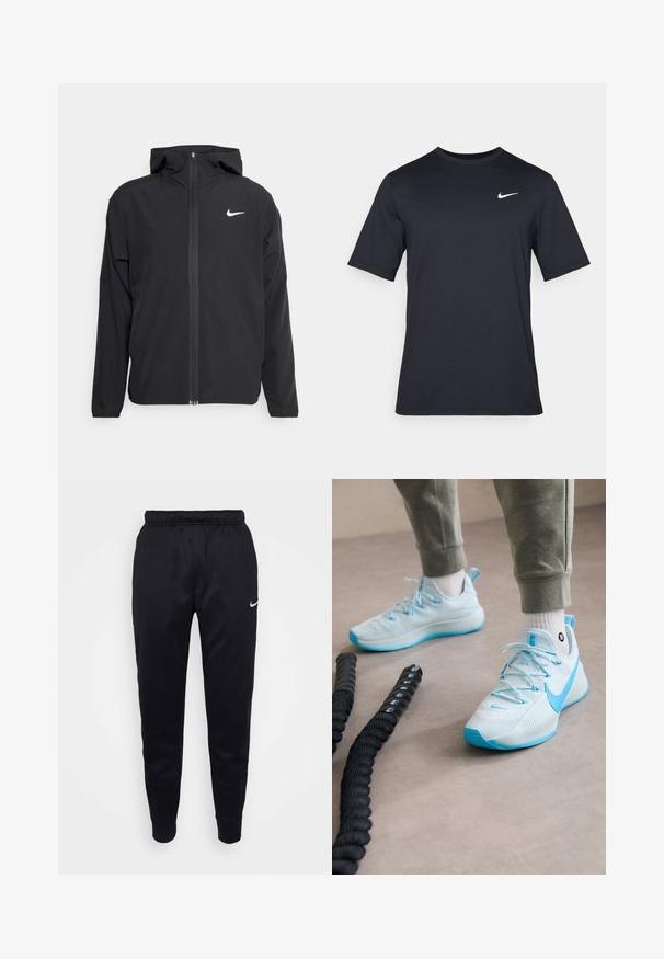 Μαύρο μπουφάν Nike με κουκούλα, πλήρη φερμουάρ μπροστά και διακριτό λευκό λογότυπο στο αριστερό στήθος. Λείος υφασμάτινος σχεδιασμός και ελαφρύ βάρος.; Μαύρο κοντομάνικο μπλουζάκι Nike από λείο ύφασμα, με λευκό λογότυπο swoosh στην πάνω αριστερή πλευρά, στρογγυλή λαιμόκοψη.; Μαύροι Nike φόρμες με ελαστική μέση, στενές μπατζάκια και διακριτικό λογότυπο. Φτιαγμένες από απαλό ύφασμα με απλή σχεδίαση.; Ανοιχτό μπλε αθλητικά παπούτσια με υφή, έντονους κορδόνια και σχέδιο στη σόλα. Φορεμένα με γκρι φόρμες και λευκές κάλτσες.