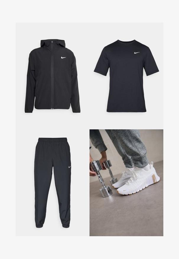 Must musta musta, täis esifrontne lukuga ja diskreetne valge logo vasakul rinnal. Sile tekstuur ja kergkaaluline disain.; Must tume musta Nike t-särk, mis on valmistatud siledast kangast, valge swoosh logo vasakul ülanurgas, ümar kaelus.; Kerged mustad spordipüksid, mis on valmistatud kerge kangaga, elastse vöökoha, pahkluude mansettide ja diskreetse Nike logo abil vasakul külgedel.; Valged sportlikud jalanõud tekstuuriga ülemise osa, lame kummitald ja heledat pruuni aktsentidega. Eesotsas hõbedased hantlid. Näha on hallid spordipüksid.