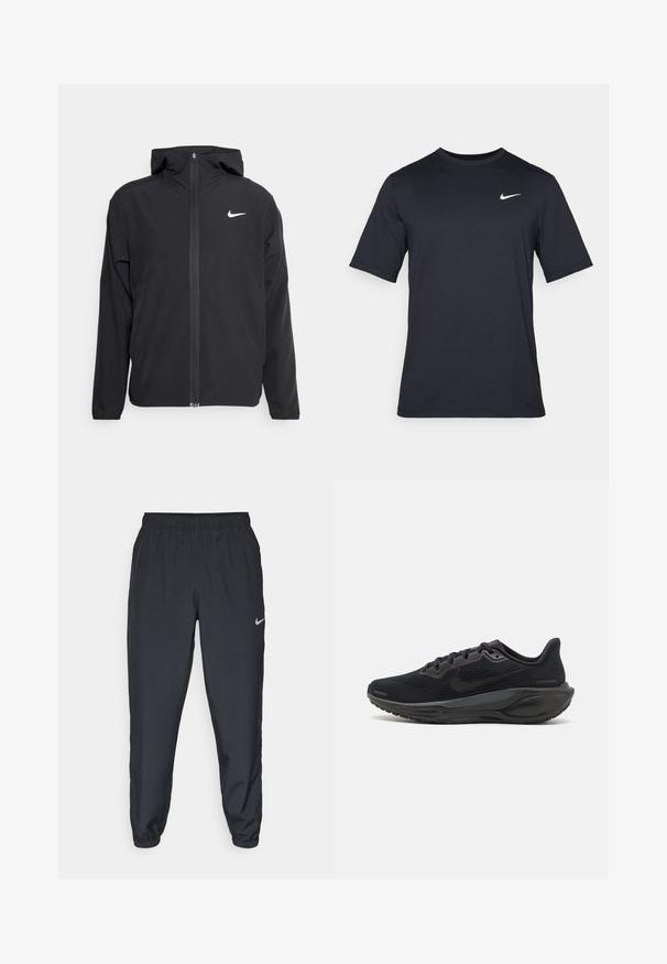 Veste Nike noire avec capuche, fermeture éclair sur toute la longueur à l'avant et un logo blanc discret sur la poitrine gauche. Texture lisse et design léger.; T-shirt noir à manches courtes Nike en tissu lisse, arborant un logo swoosh blanc sur le côté supérieur gauche, col rond.; Pantalon de jogging noir en tissu léger avec une ceinture élastique, des poignets aux chevilles et un logo Nike discret sur le côté gauche.; Chaussure de sport noire avec une tige en mesh et des œillets renforcés, dotée d'une semelle rembourrée, d'un design épuré et de minimalistes accents.