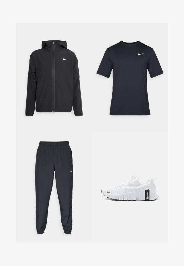 Must musta musta, täis esifrontne lukuga ja diskreetne valge logo vasakul rinnal. Sile tekstuur ja kergkaaluline disain.; Must tume musta Nike t-särk, mis on valmistatud siledast kangast, valge swoosh logo vasakul ülanurgas, ümar kaelus.; Kerged mustad spordipüksid, mis on valmistatud kerge kangaga, elastse vöökoha, pahkluude mansettide ja diskreetse Nike logo abil vasakul külgedel.; Valged spordijalatsid, millel on tekstuurne kangas üleval, paindlik tald ja mustad aktsendid. Omavad ümarat ninaosa ja tugevdatud kontsastruktuuri.