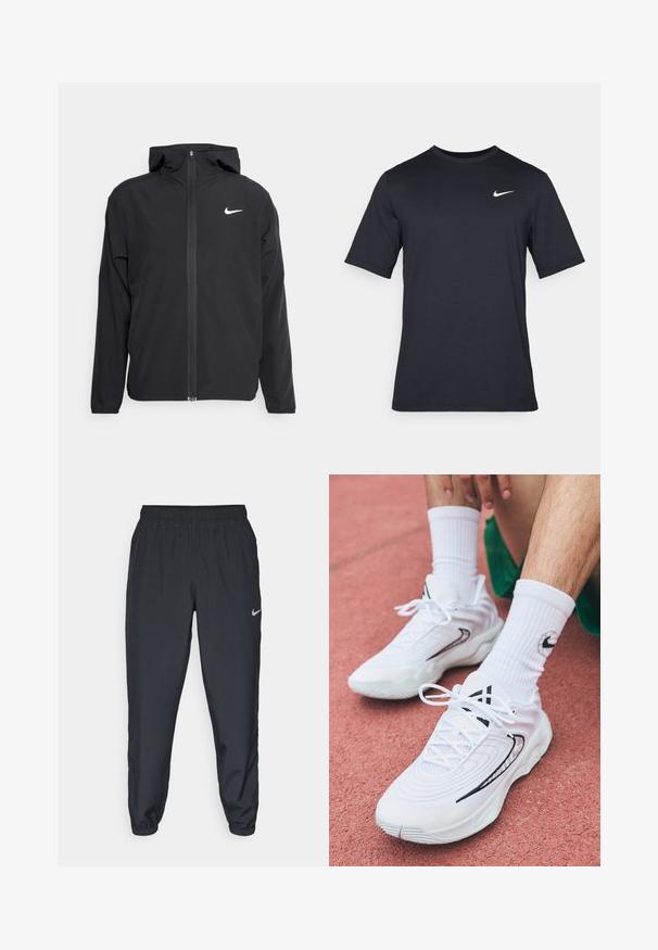 Musta Nike-takki, jossa on huppu, täysimittainen vetoketju edessä ja hienovarainen valkoinen logo vasemmassa rinnassa. Liukas pinta ja kevyt muotoilu.; Mustan lyhythihainen Nike-t-paita, joka on valmistettu sileästä kankaasta ja jossa on valkoinen swoosh-logo vasemmassa yläkulmassa, pyöreä kaula-aukko.; Mustat juoksuhousut, jotka on valmistettu kevyestä kankaasta, jossa on joustava vyötärö, nilkkasuut ja huomaamaton Nike-logo vasemmalla puolella.; Valkoiset urheilukengät, joissa on teksturoitu pinta, mustilla yksityiskohdilla ja nauhoilla. Yllä valkoiset ribbikujat punaisella pinnalla.