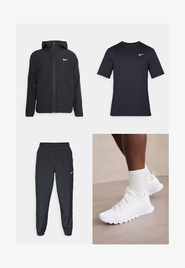 Svart Nike-jakke med hette, full frontglidelås og en subtil hvit logo på venstre bryst. Glatt tekstur og lett design.; Svart kortermet Nike t-skjorte laget av glatt stoff, med en hvit swoosh-logo på øvre venstre side, rund hals.; Svarte joggebukser laget av lett stoff med elastisk midje, ankelmanchetter og en diskret Nike-logo på venstre side.; Hvite sportsko med strukturert overdel, polstret krage og fleksibel såle; supplert med hvite ribbede sokker.