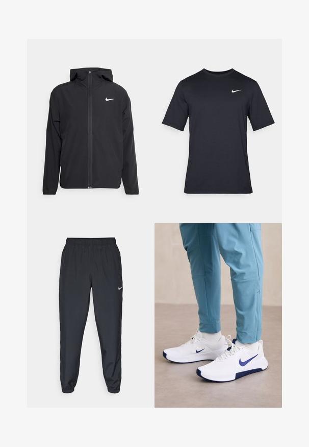 Jachetă neagră Nike cu glugă, fermoar pe toată fața și un logo alb subtil pe pieptul stâng. Textură netedă și design ușor.; Tricou Nike negru cu mânecă scurtă, confecționat dintr-un material neted, având un logo alb în formă de swoosh pe partea stângă sus, cu guler rotund.; Pantaloni sport negri dintr-un material ușor, cu un band elastic la talie, mansete la glezne și un logo Nike discret pe partea stângă.; Încălțăminte sport albă cu un swoosh albastru Nike, superior texturat și accente albastre pe talpă, asortată cu pantaloni sport decolorat albastru.