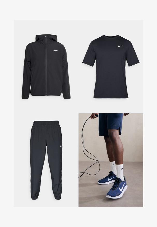 Must musta musta, täis esifrontne lukuga ja diskreetne valge logo vasakul rinnal. Sile tekstuur ja kergkaaluline disain.; Must tume musta Nike t-särk, mis on valmistatud siledast kangast, valge swoosh logo vasakul ülanurgas, ümar kaelus.; Kerged mustad spordipüksid, mis on valmistatud kerge kangaga, elastse vöökoha, pahkluude mansettide ja diskreetse Nike logo abil vasakul külgedel.; Nike Performance FLEX EXPERIENCE RUN 12 - Maanteejooksu jalatsid - astronomy blue/white/black/hyper crimson